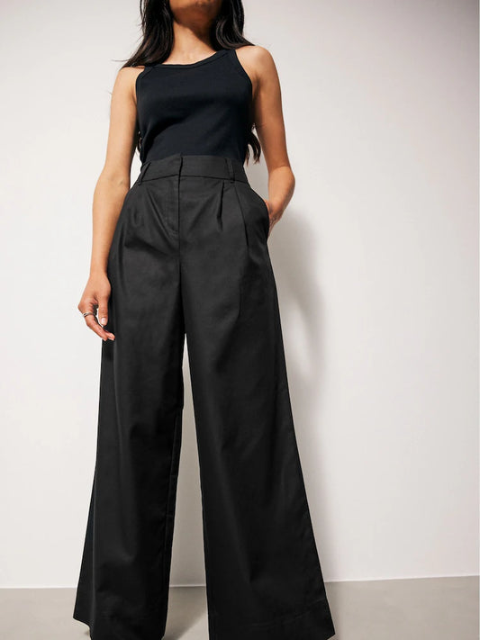 Black Cotton Mix Smart Wide Leg Trousers