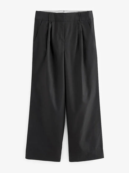Black Cotton Mix Smart Wide Leg Trousers
