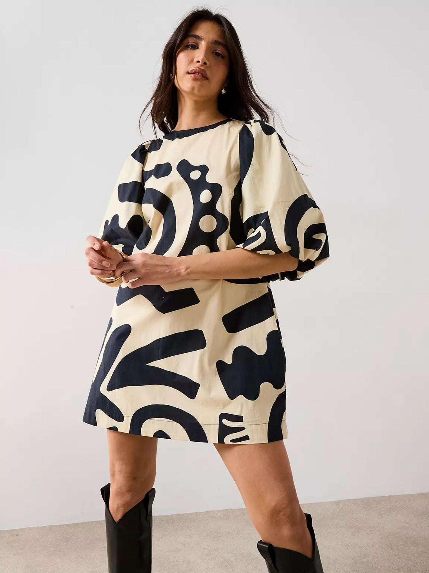 V By Very Abstract Mono Print Puff Sleeve Mini Dress - Dark Print