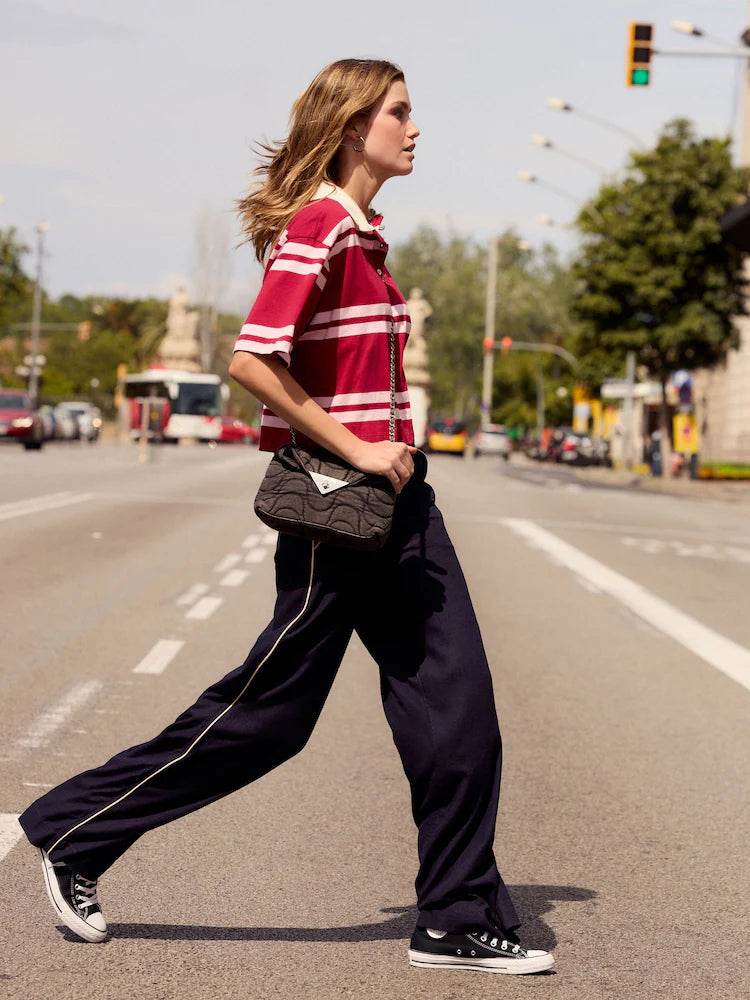 Navy Wide Leg Trousers With Linen