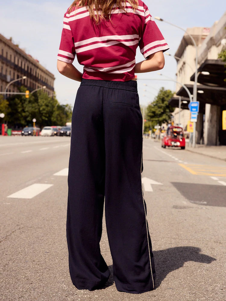 Navy Wide Leg Trousers With Linen