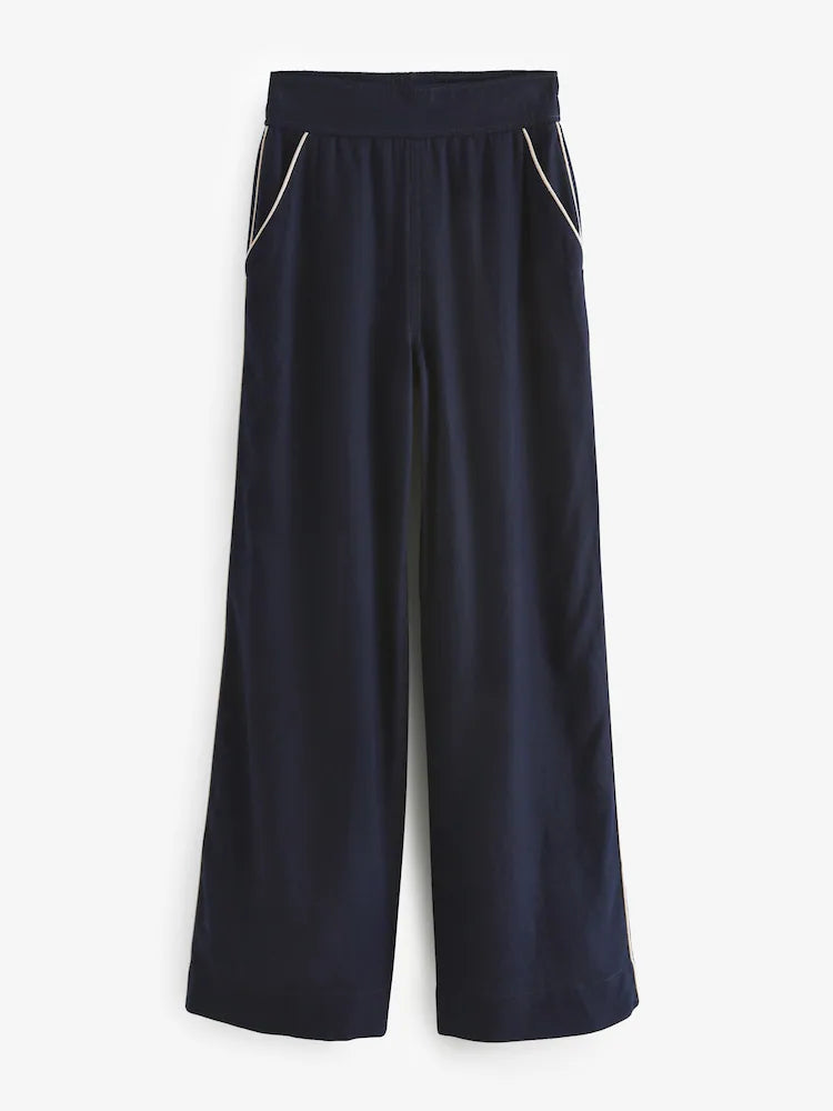 Navy Wide Leg Trousers With Linen