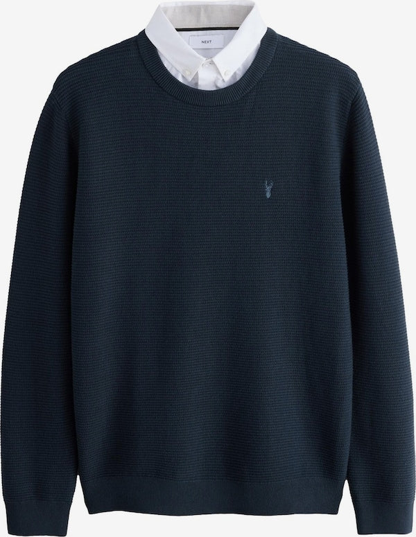 Navy Blue Regular Fit Textured Oxford Mock Shirt Jumper