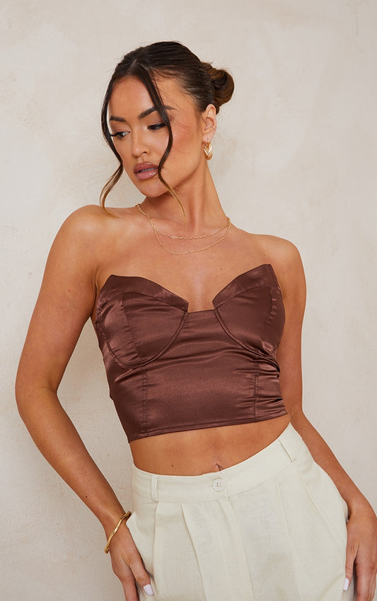 Chocolate Satin Pointed Bust Corset Top