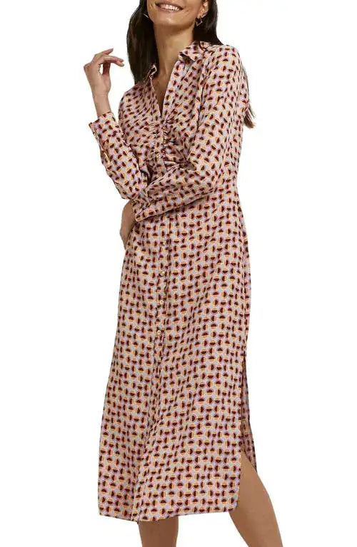 70's Geo Print Ruched Midi Shirt Dress in Beige