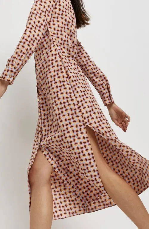 70's Geo Print Ruched Midi Shirt Dress in Beige