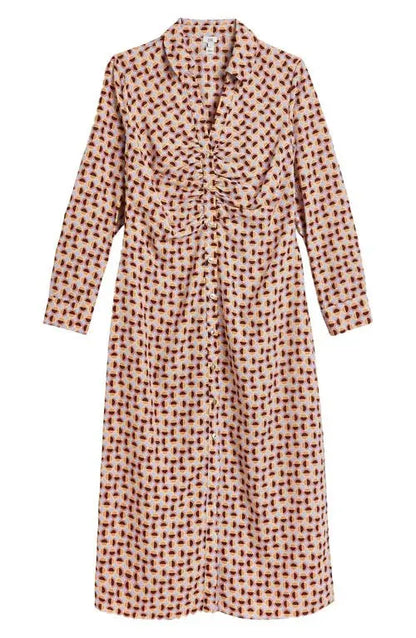 70's Geo Print Ruched Midi Shirt Dress in Beige