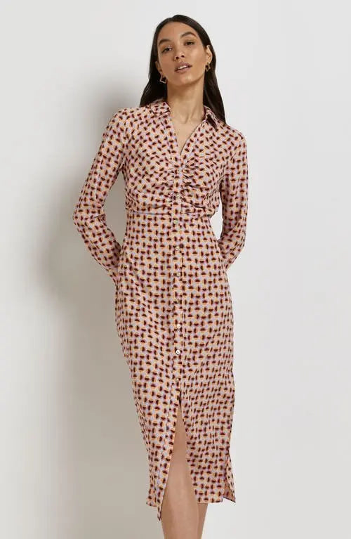 70's Geo Print Ruched Midi Shirt Dress in Beige