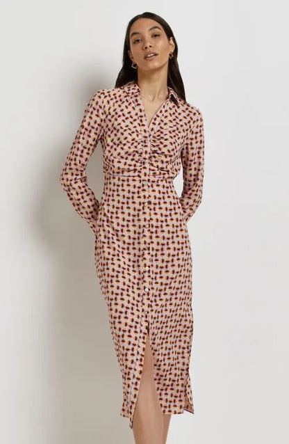 70's Geo Print Ruched Midi Shirt Dress in Beige