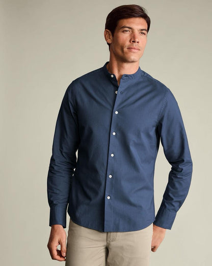 Collarless Stretch Washed Oxford Slim Fit Shirt - Airforce Blue