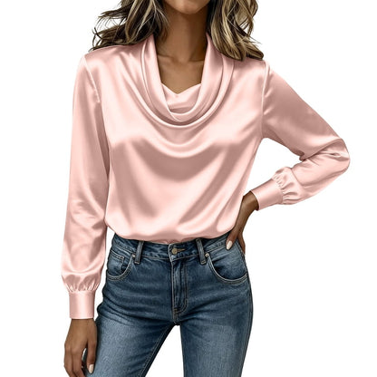 Women Cowl Neck Long Sleeve Satin Blouse Elegant Casual