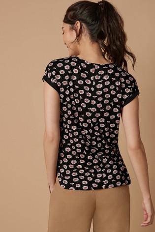 Black Floral V-Neck Boxy T-Shirt