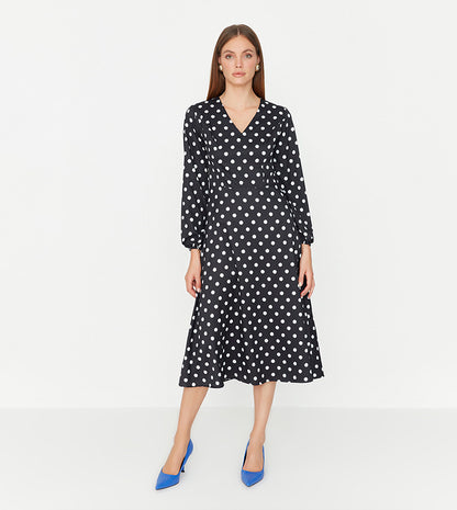 Black Woven Polka Dot Midi Dress