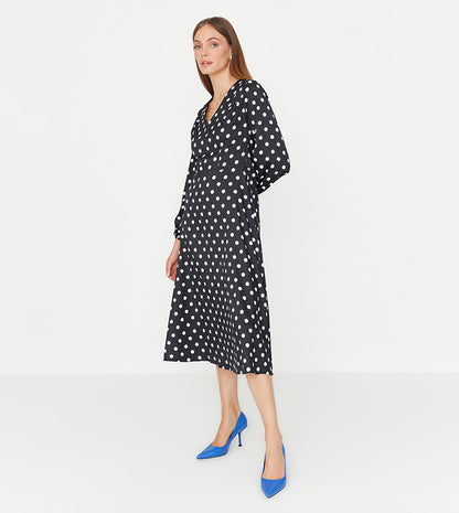 Black Woven Polka Dot Midi Dress