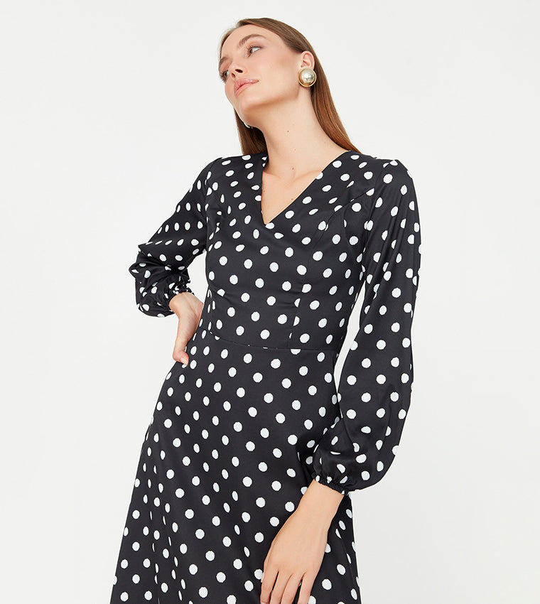 Black Woven Polka Dot Midi Dress