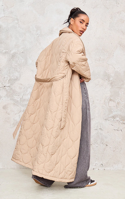 Stone Maxi Belted Quilted Coat