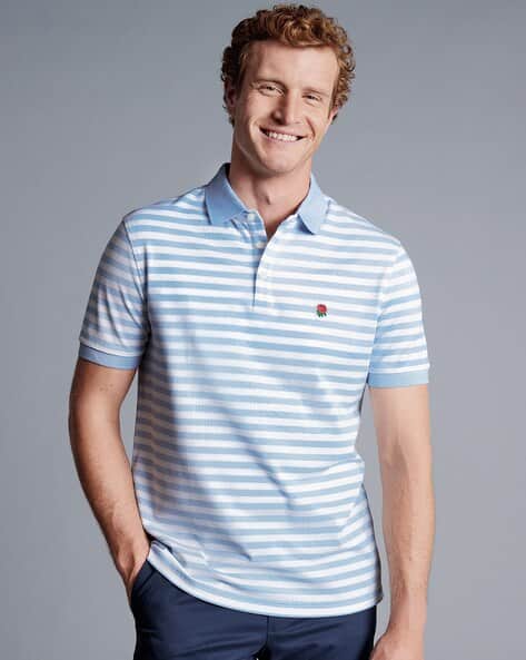Striped Pique Polo T-Shirt - Blue
