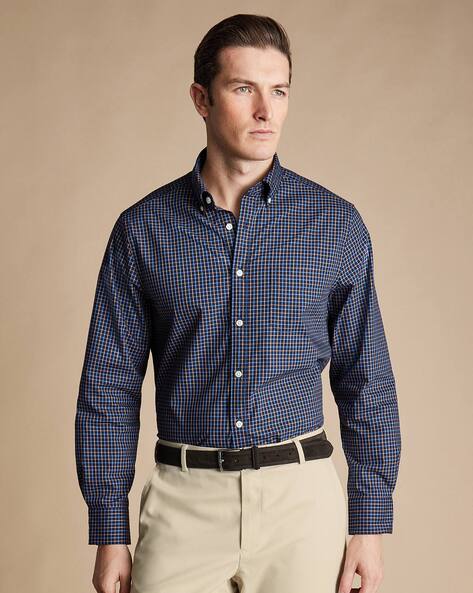 Button-Down Collar Non-Iron Stretch Poplin Fine Line Check Slim Fit Shirt - Navy & Gold