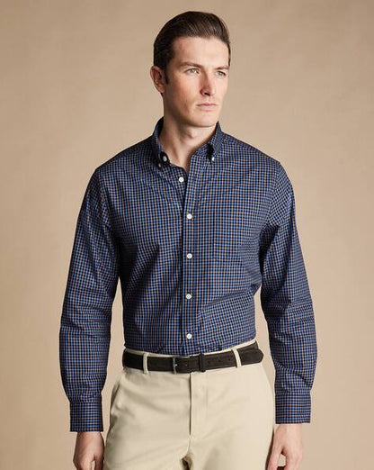 Button-Down Collar Non-Iron Stretch Poplin Fine Line Check Slim Fit Shirt - Navy & Gold