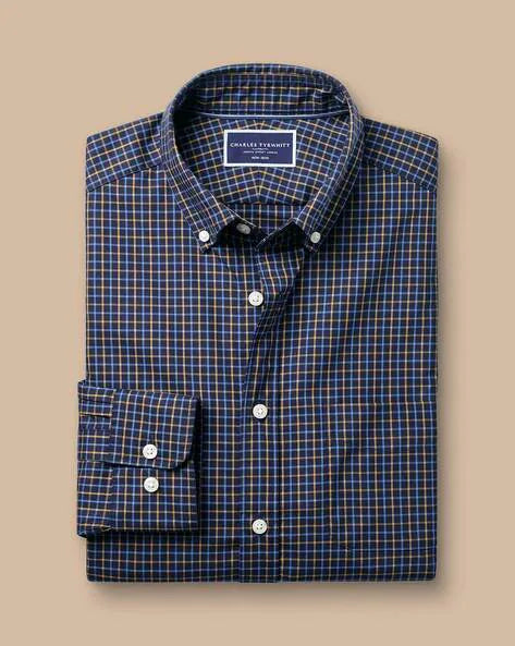 Button-Down Collar Non-Iron Stretch Poplin Fine Line Check Slim Fit Shirt - Navy & Gold