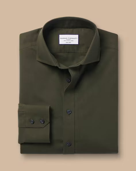 Spread Collar Non-Iron Poplin Shirt - Olive Green