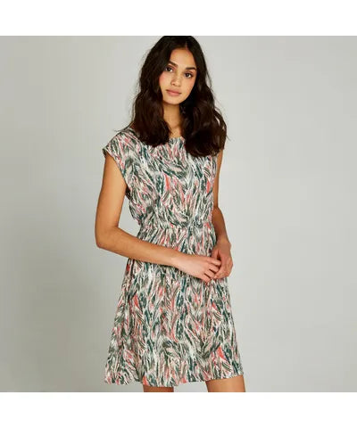 Khaki Abstract Feather Print Mini Dress