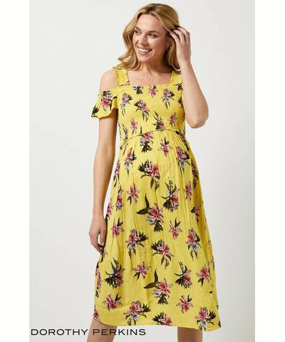 Yellow Maternity Shirred Floral Print Dress