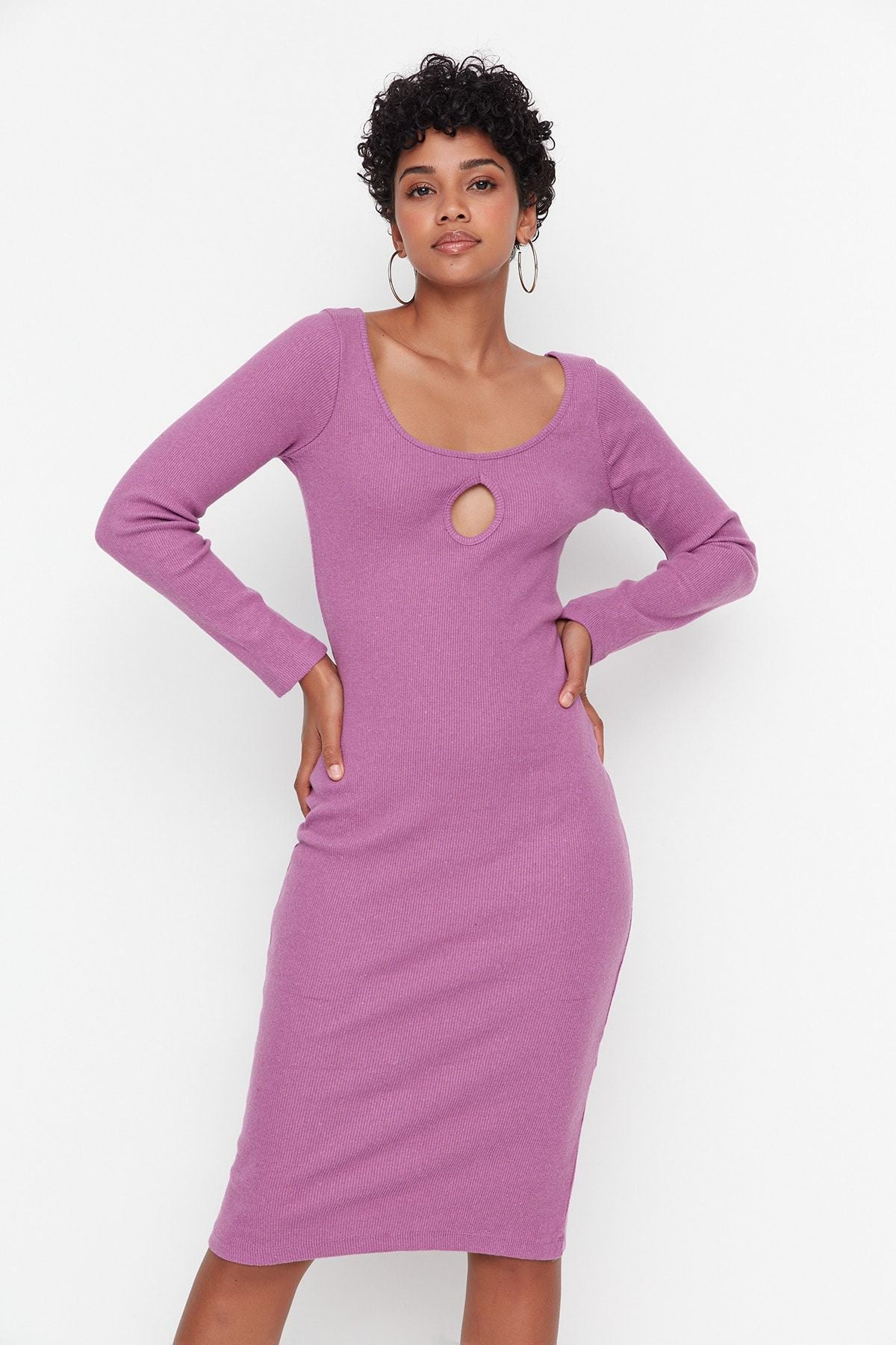 Purple Knit Midi Cut out Dress