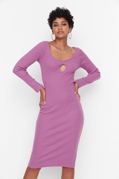 Purple Knit Midi Cut out Dress