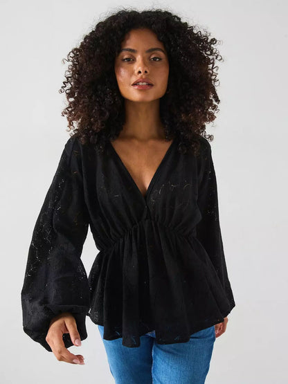 Vila V Neck Lace Detail Blouse - Black