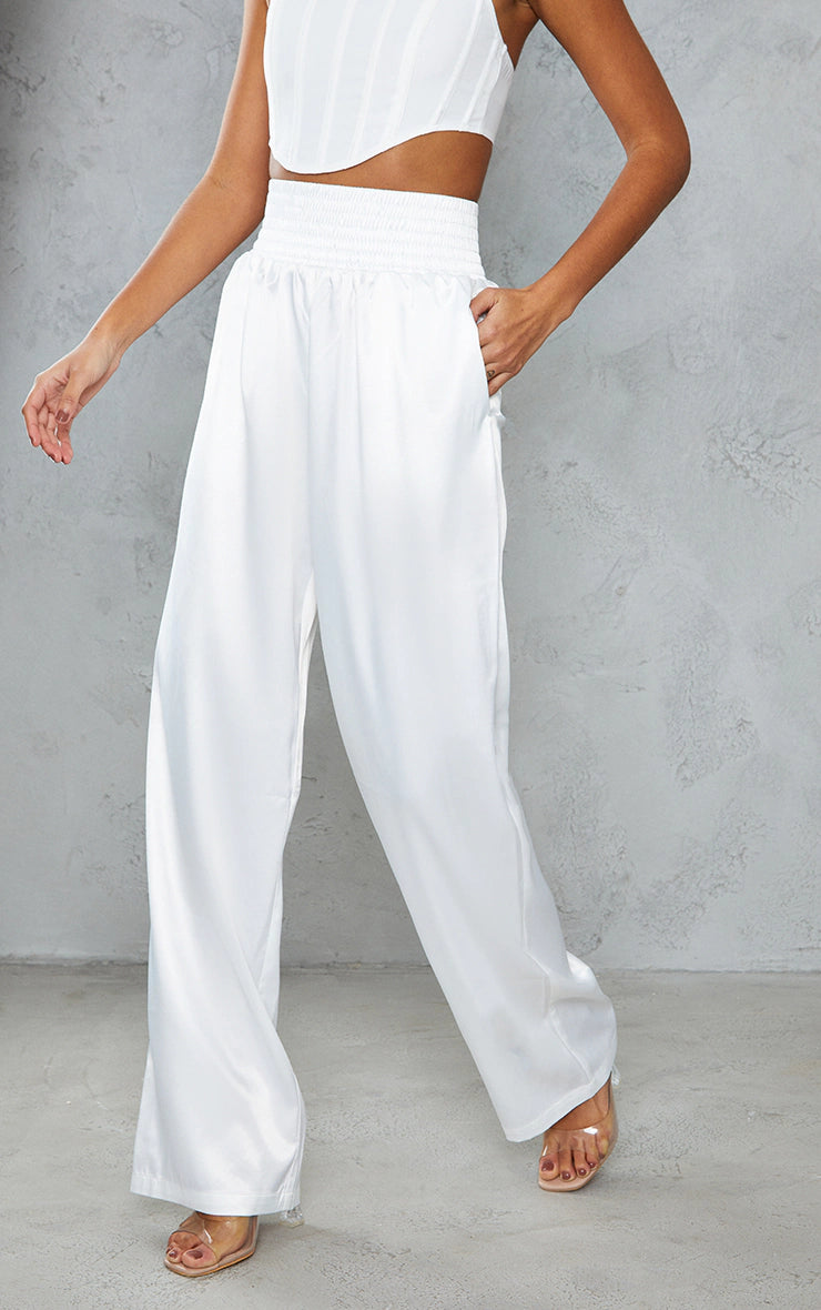 White Satin Extreme High Waist Wide Leg Trousers