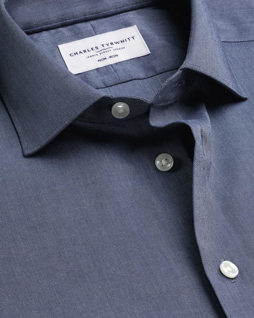 Short Sleeve Non-Iron Cotton Linen Slim Fit Shirt - Navy