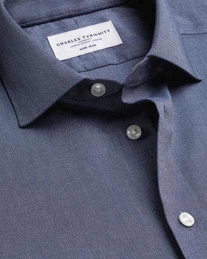 Short Sleeve Non-Iron Cotton Linen Slim Fit Shirt - Navy