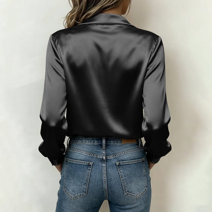 Satin Blouse Women Drape Silk Ruched Cowl Neck Top
