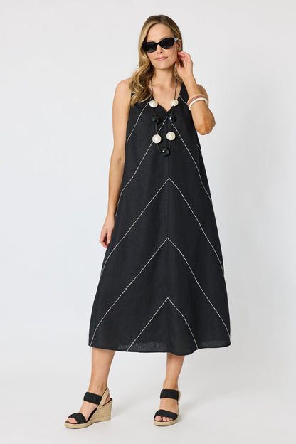 Linen Blend Embroidered Midaxi Shift Dress