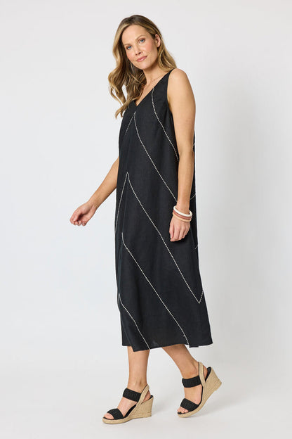 Linen Blend Embroidered Midaxi Shift Dress
