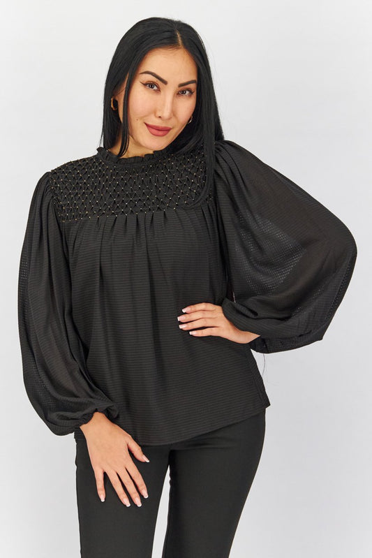 Women Ruffle Neck Long Sleeve Studded Blouse, Black and Gold