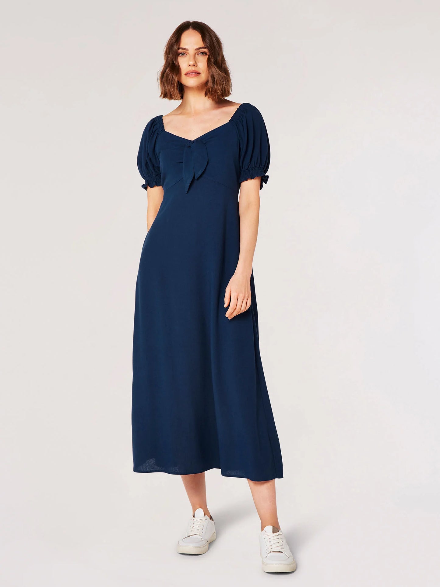 Tie Detail Milkmaid Midaxi Dress Navy