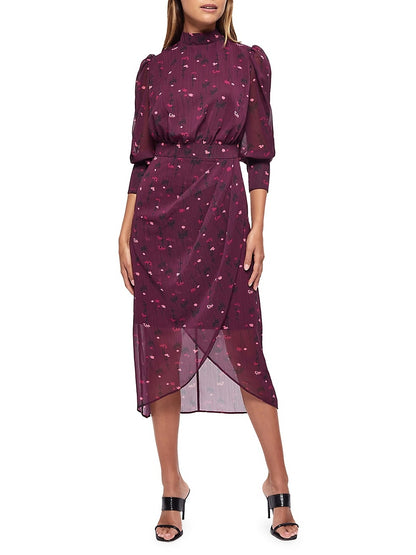 Berry Floral midi dress with high neck