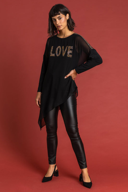 Black Asymmetric Love Embellished Top
