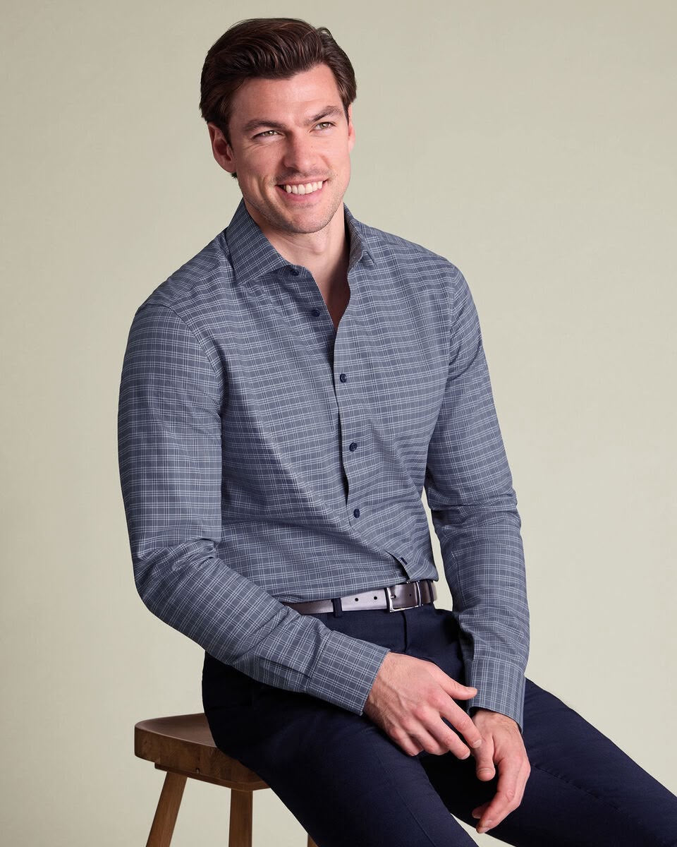 Semi-Cutaway Brushed Cotton Twill Check Slim Fit Shirt - Mid Blue