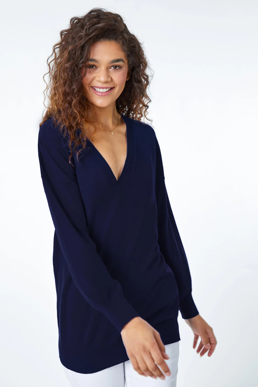 Navy Plain Stretch V-Neck Longline Jumper