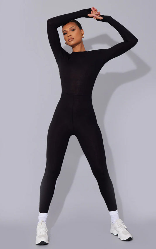 Black Long Sleeve Stirrup Detail Jumpsuit