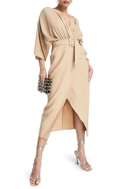 Mixed Fabric Belted Wrap Skirt Midi Dress In Camel