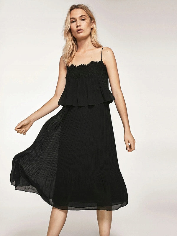 Black Pleated Tiered Cami Dress