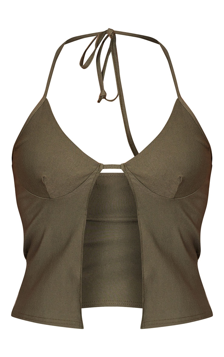 Khaki Stretch Woven Split Hem Top