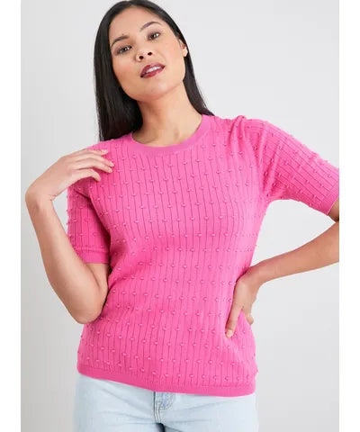 Pink Lime Rib Dotted Short Sleeve Jumper
