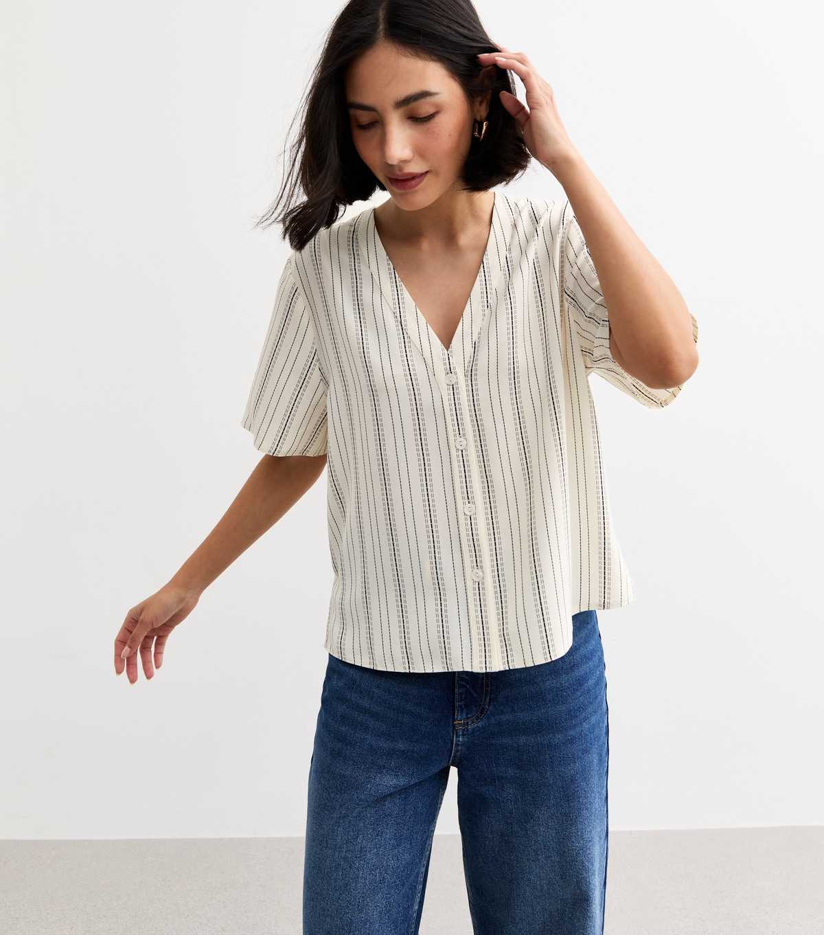 Cream Striped Button Up Top