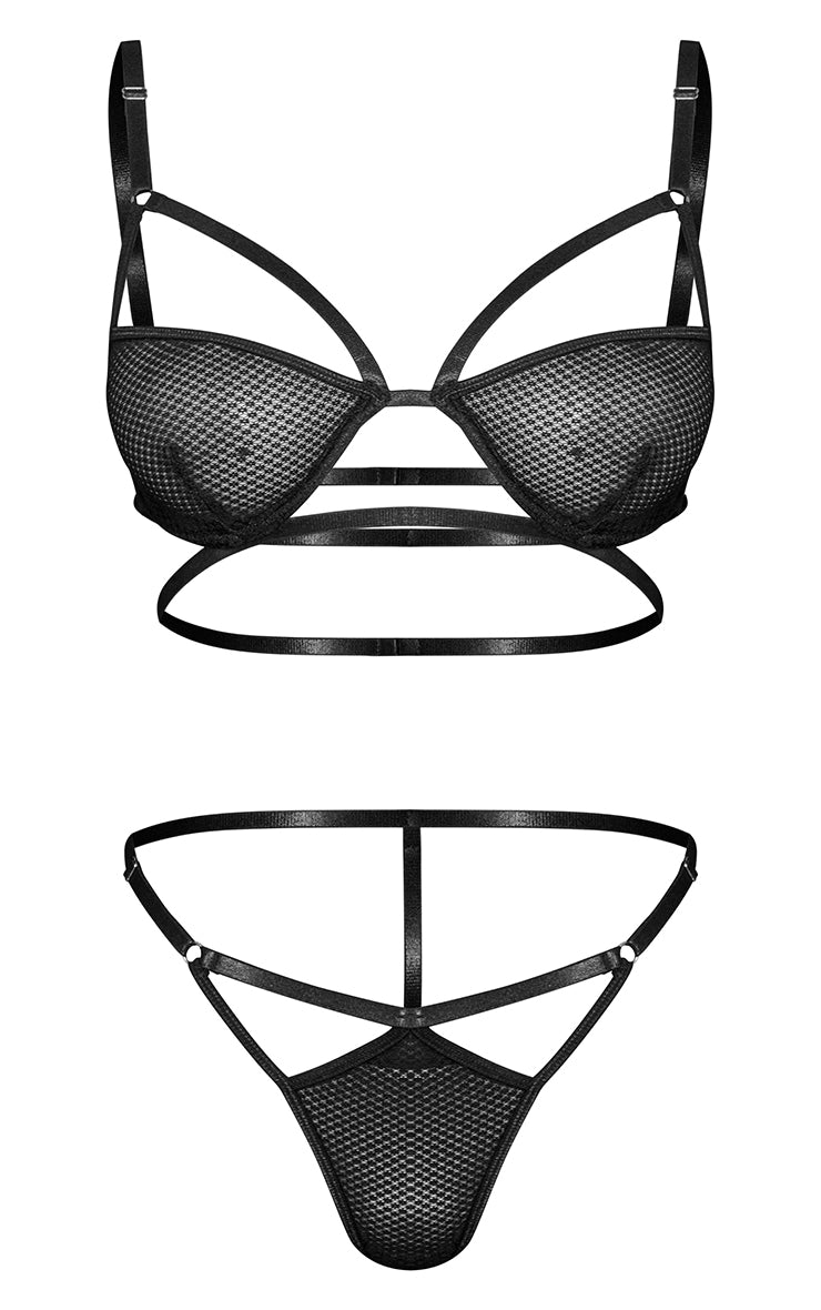 Black Fishnet Underwired Strappy Lingerie Set with G-String