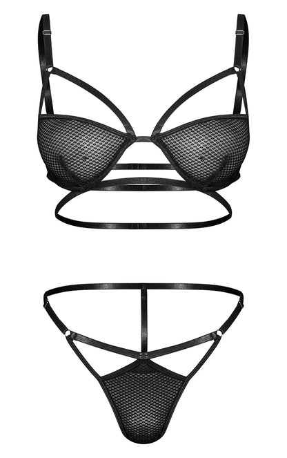 Black Fishnet Underwired Strappy Lingerie Set with G-String